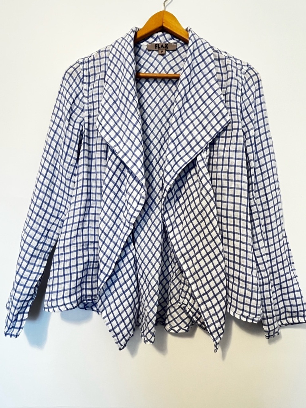 FLAX Linen Open Front Draped Cardigan Jacket Blue White Check Gauze Crop Petite - Picture 2 of 10